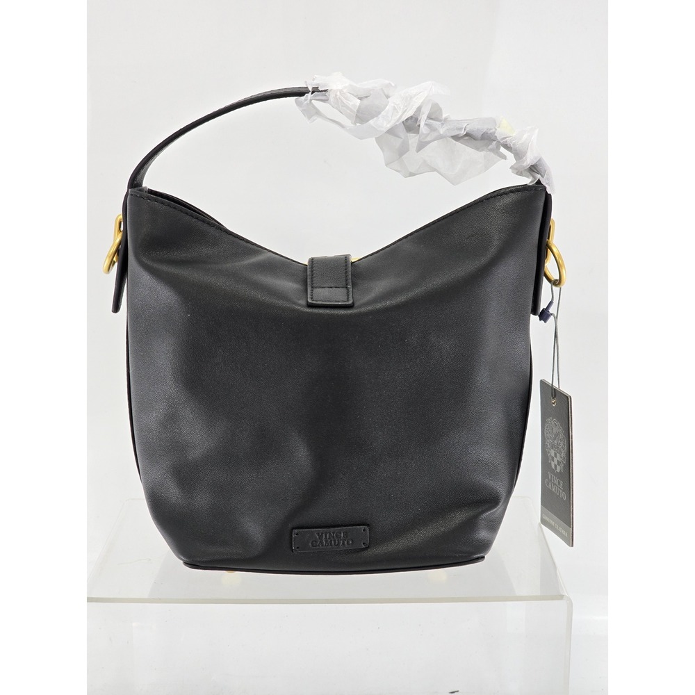 Vince Camuto Ezrah Bucket Bag Women OS Black Leather Gold Crest - NEW - Picture 2 of 11
